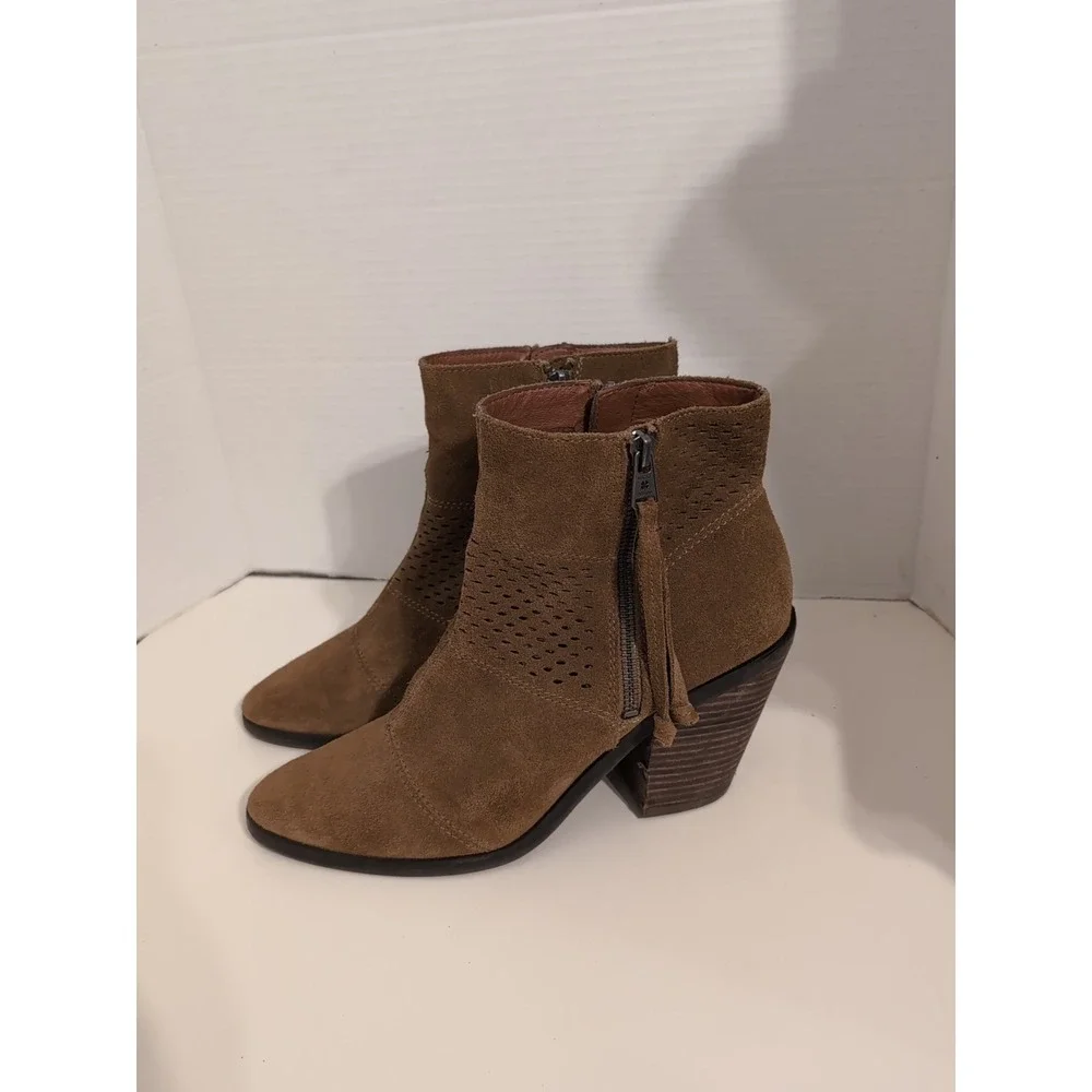Lucky Brand Ramses Women's Brown Suede Ankle Boots Perforated Upper Dual Zippers